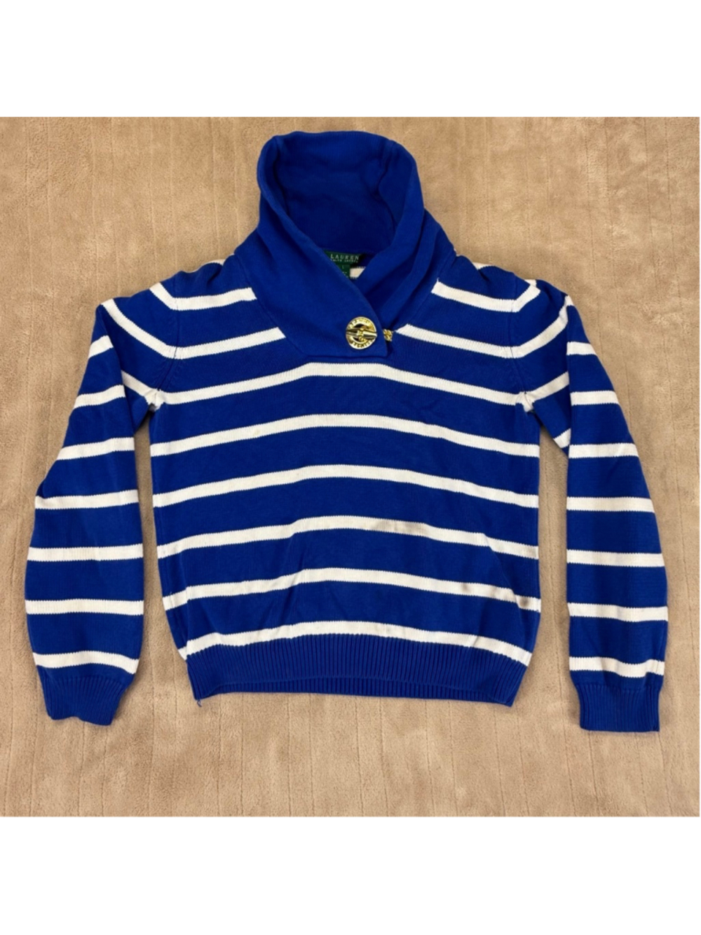 Women's Lauren Ralph Lauren Blue & White Striped Shawl Cowl Neck Sweater Large